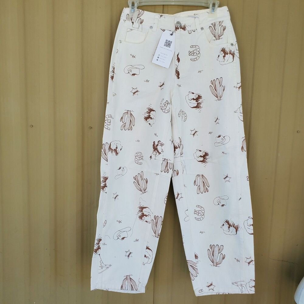 Cali 1850 Western Print Jeans Women's 3 Cream Cowboy Cowgirl Straight Leg Pants